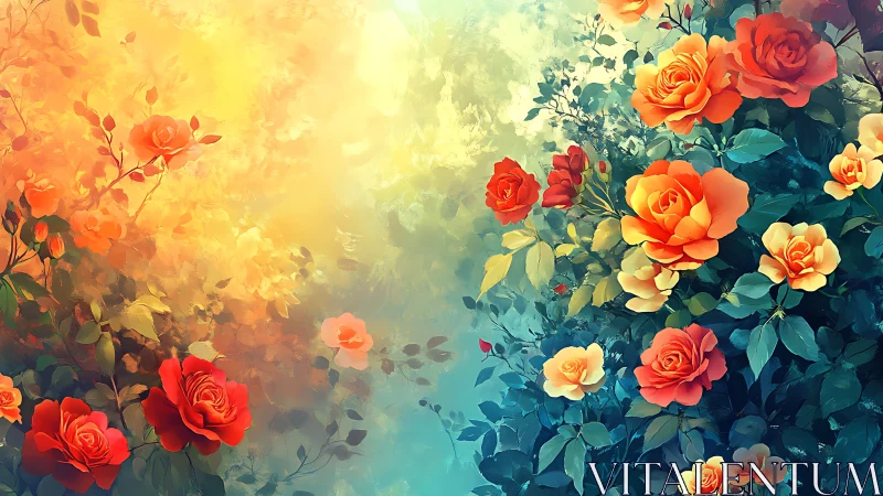 Golden Sunset Roses Garden - Vibrant Floral Digital Artistry.
