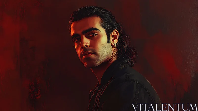 Moody digital portrait with warm rim lighting and red void.