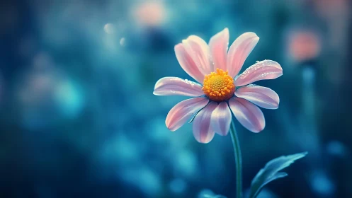 Pink Daisy with Dewdrops Against Soft Blue Bokeh.