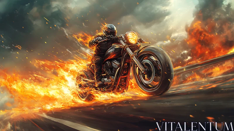 Flaming street racer storming highway in cinematic inferno.