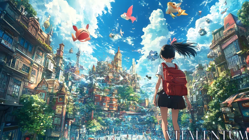 Girl overlooking luminous sky city with floating creatures.