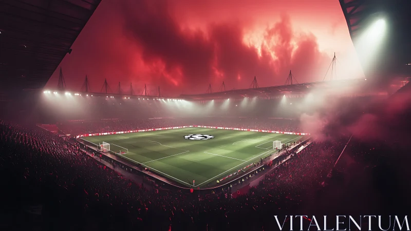 Floodlit football stadium under dramatic red storm sky