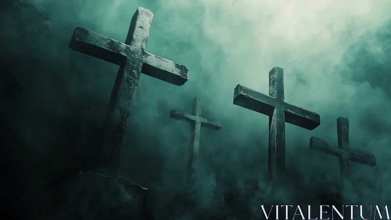 Weathered stone crosses in fog-drenched nocturnal graveyard