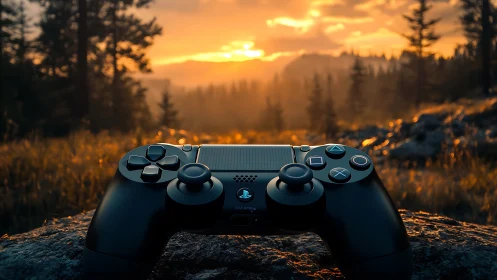 Gamepad at golden-hour trailhead, where pixels meet pines.
