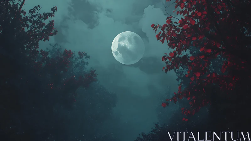 Moonlit forest canopy under misty clouds at midnight.