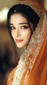 Portrait shows woman in embroidered orange veil facing camera