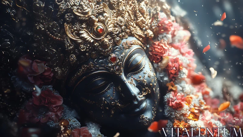 Ornate dark deity statue with golden crown and garlands.
