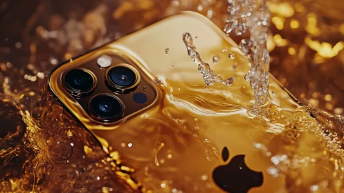Luxury smartphone submerged in golden liquid, water splash