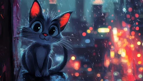 Neon-Eyed Feline in Urban Rain.