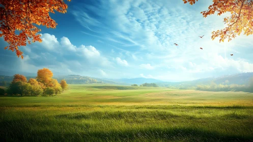 Wide rural landscape with grassy field and distant hills.