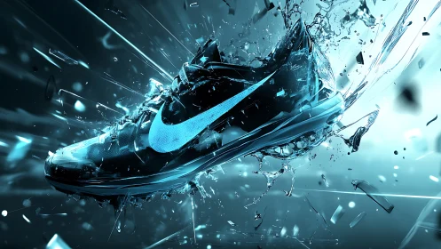Futuristic blue running shoe bursts through glass shards.