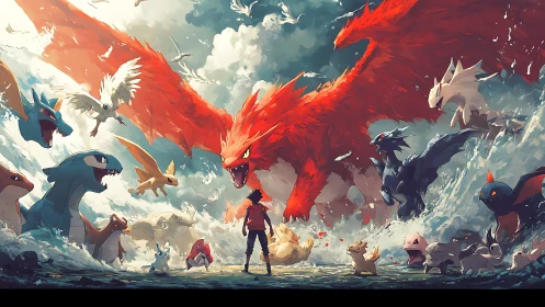 Legendary fire dragon confronts trainer amid raging waves.