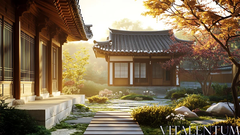 Sunlit traditional courtyard with serene Korean hanok garden.