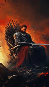 Armored warrior on spiked throne amid volcanic firestorm