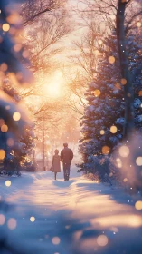Winter couple walking through glowing snowy forest path.