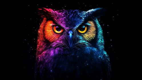 Neon owl portrait glows against deep black cosmic void