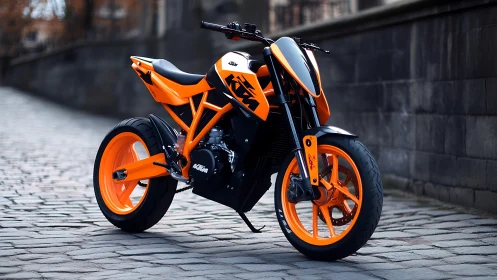 Orange streetfighter motorcycle on wet cobblestone alley at dusk