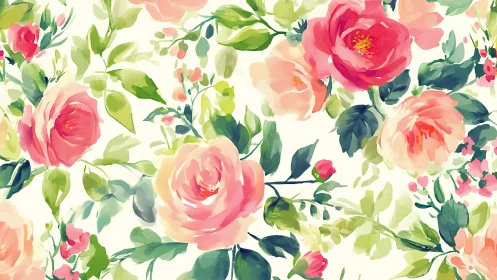 Watercolor Floral Pattern with Pink Roses and Green Foliage