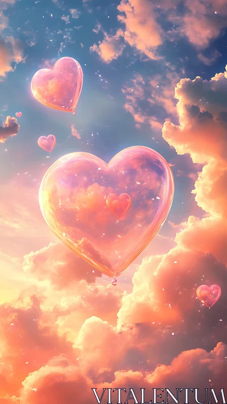 Luminous Heart Balloons Floating Through Sunset Clouds.