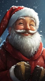 Joyful winter Santa savoring a quiet snowfall moment.
