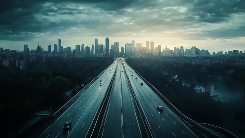 Quiet sunrise highway leading toward a calm modern city.