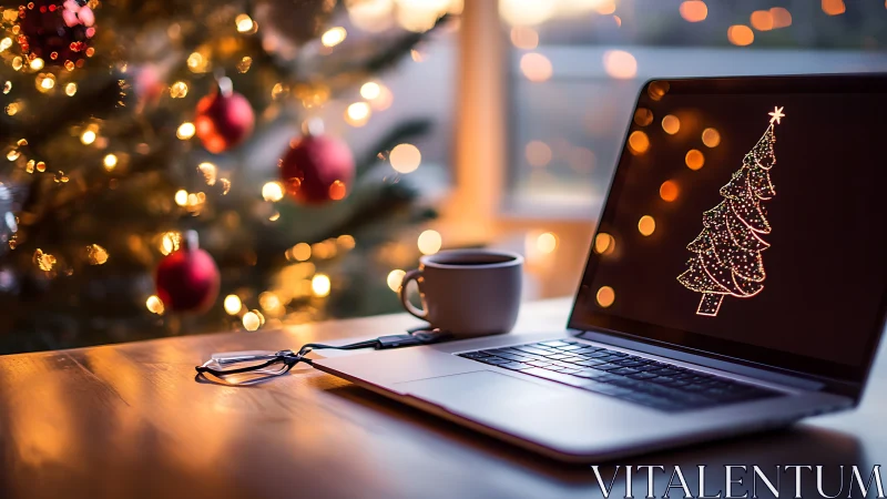 Laptop Christmas tree glow beside warm holiday coffee.