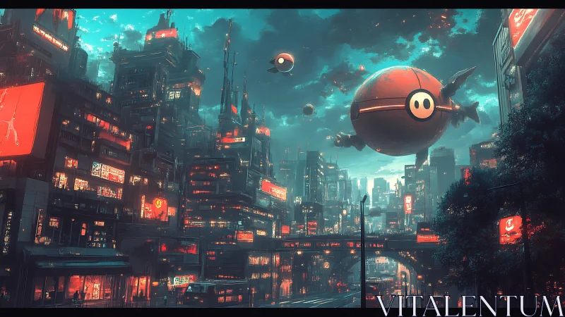 Autonomous surveillance orbs over neon-saturated cyber megacity.