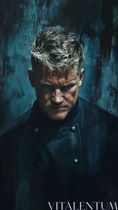 Brooding blonde chef in moody blue portrait lighting study.