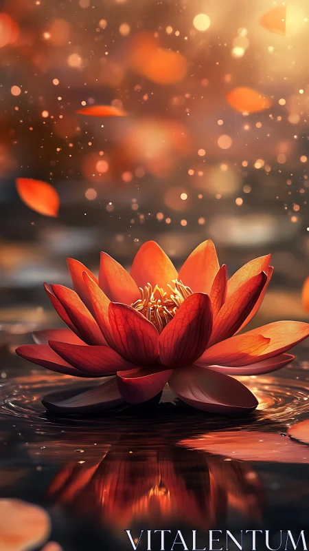 Luminous red lotus blooms over reflective rippled water.