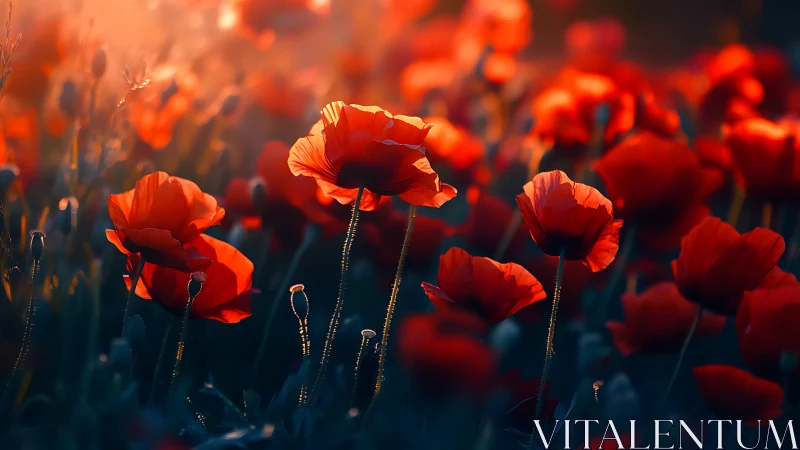 Field of red poppies illuminated by warm golden sunlight