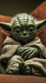 Small green alien elder rests wrapped in coarse robe