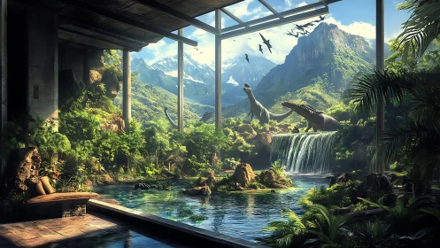 Sunlit dinosaur sanctuary unfolds beyond ruined glass atrium