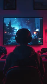 Late night gamer enjoys a neon lit immersive adventure