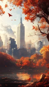 Autumn skyline serenade over a glowing city river dream.