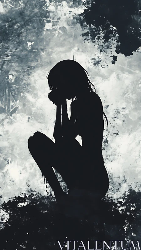 Silhouetted girl in grief amid monochrome abstract storm.