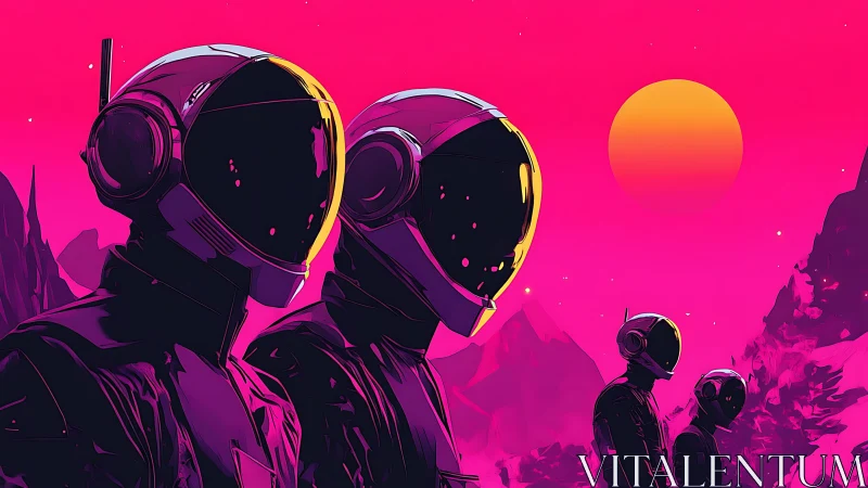 Neon-suited astronauts under magenta alien sunset horizon.