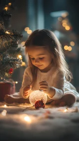 Child sits by Christmas tree holding glowing ornament carefully