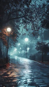 Misty nocturnal park path rendered in cinematic blue tones
