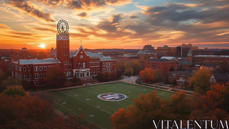 Sunset illuminates collegiate clock tower over autumn campus quad