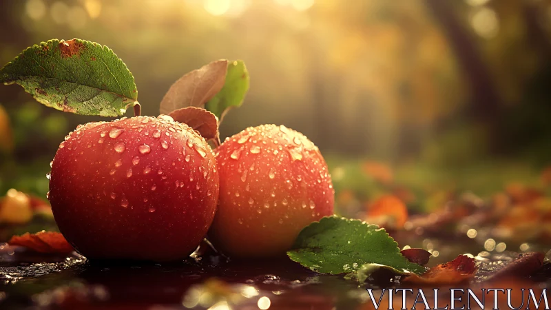 Fresh red apples on wet autumn ground in warm sunlight.
