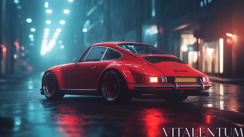 Crimson classic prowls a neon-soaked rainlit city streetscape.