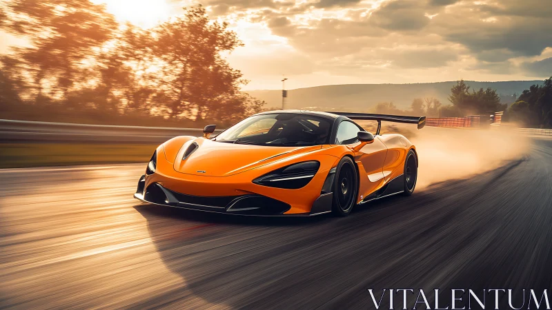 Orange track-focused supercar on racing circuit at sunset.