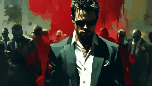 Suit-clad enigma strides through painted crimson tension