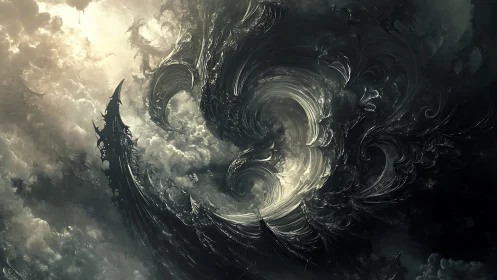 Storm-twisted void carves a luminous vortex through shadowed sky