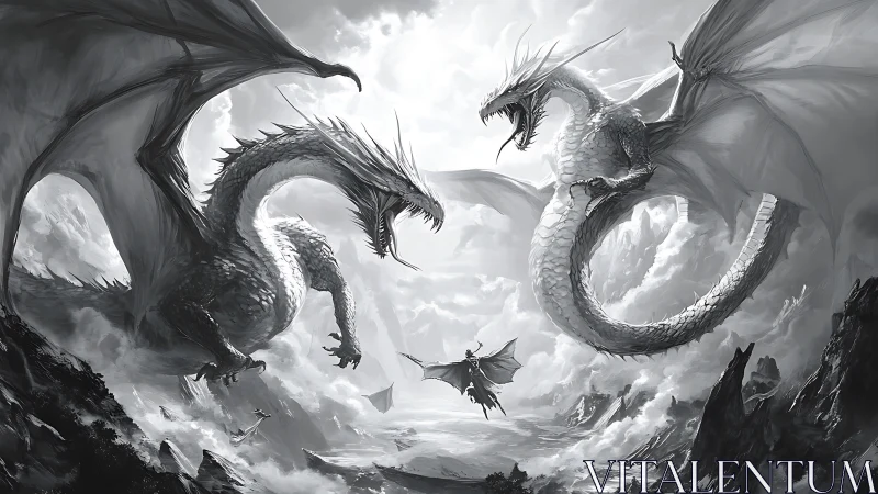 Colossal twin dragons clash above storm-lashed canyon