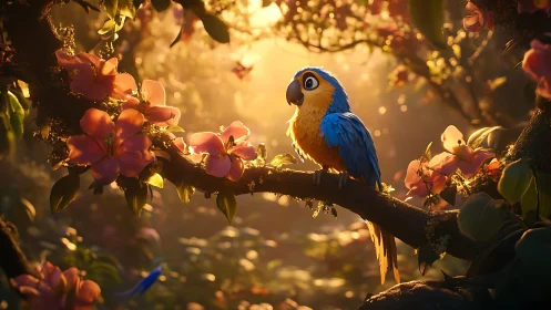 Vibrant blue parrot perched on blooming branch, digital art style.