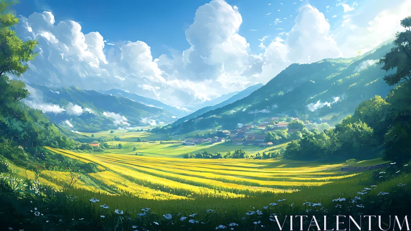 Sunlit valley fields with distant village and blue mountains.