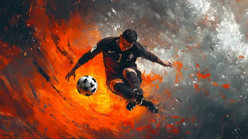 Soccer player dives through fiery abstract vortex of energy