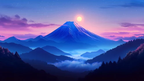 Digital twilight mountain vista under glowing full moon.