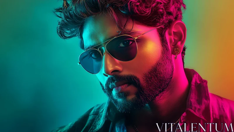 Bold portrait in neon gradient lighting captures cool attitude.